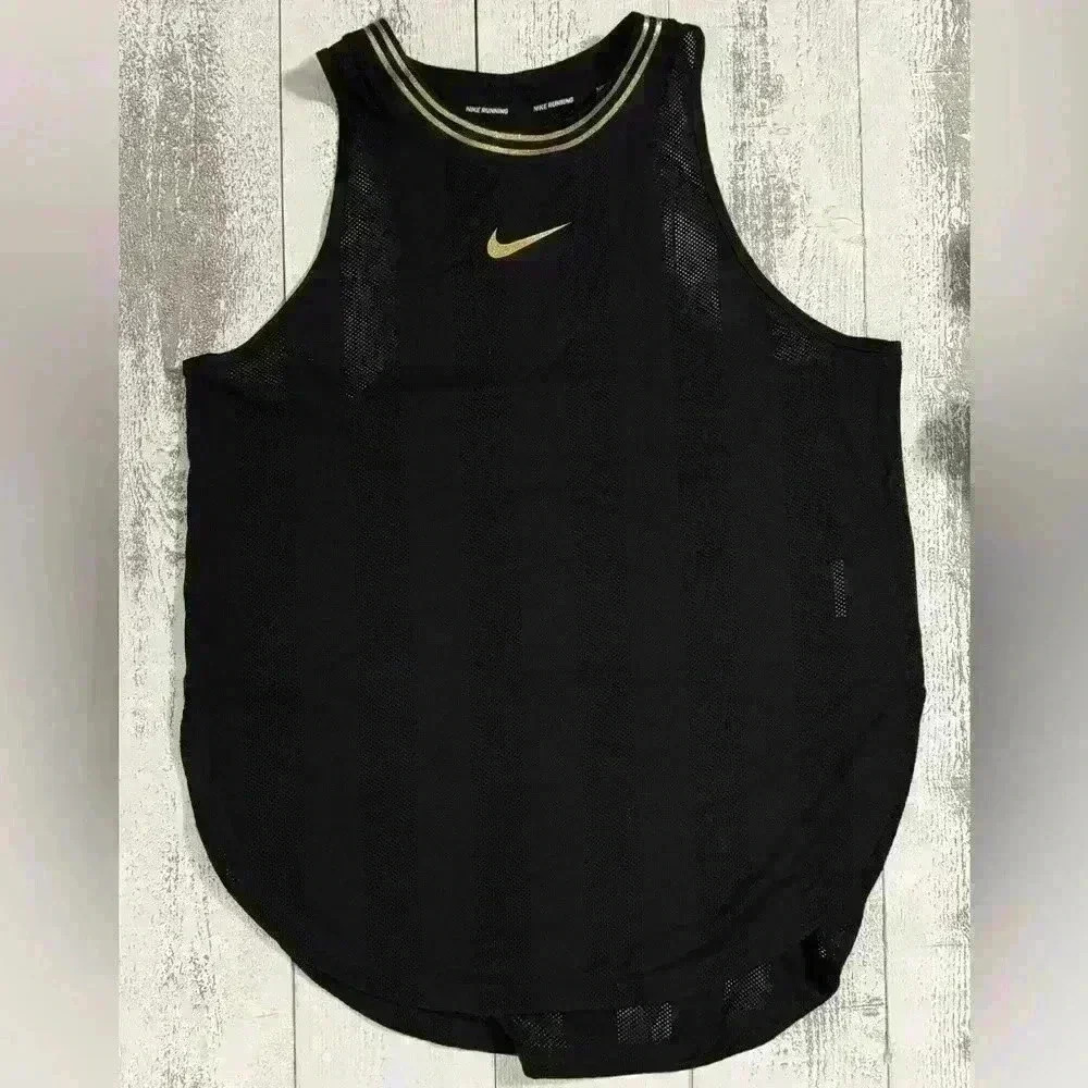 EUC Nike Dri Fit Activewear Tank Top L Black Mesh Nylon Swoosh Logo Round Hem - Picture 4 of 8